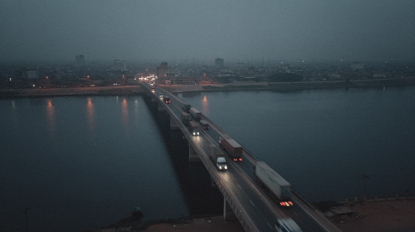 A truck on a night road, headlights on