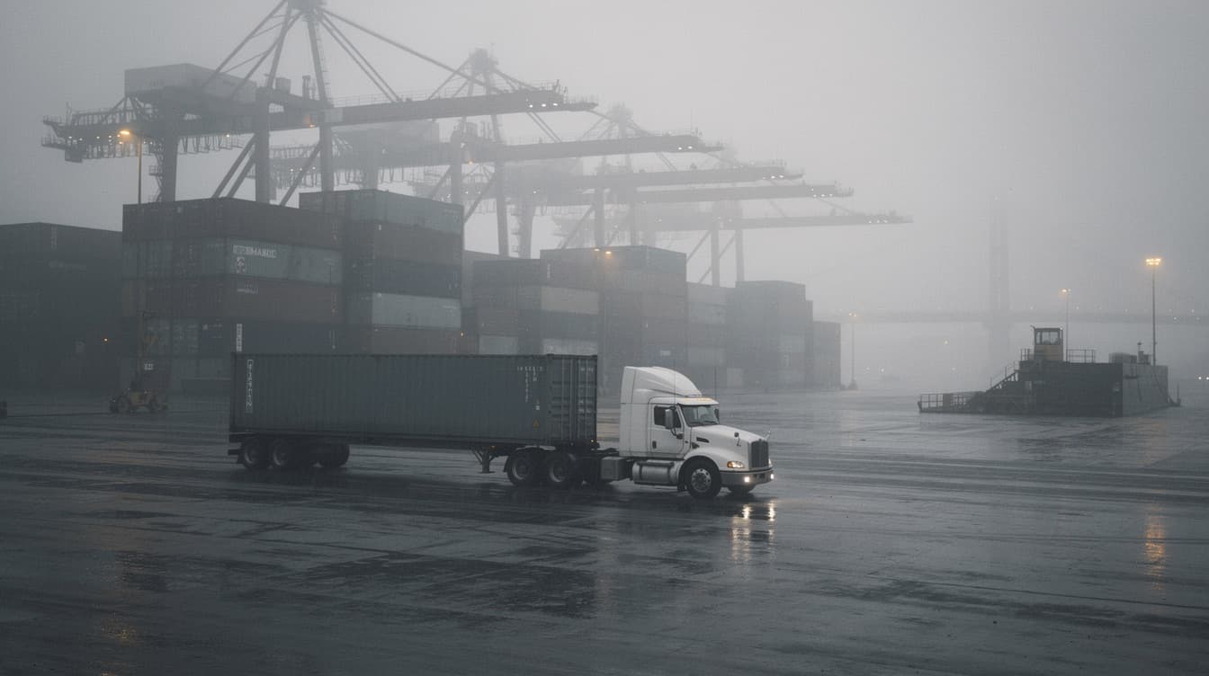 A truck standing still in the fog, in front of the gantry cranes of a container terminal