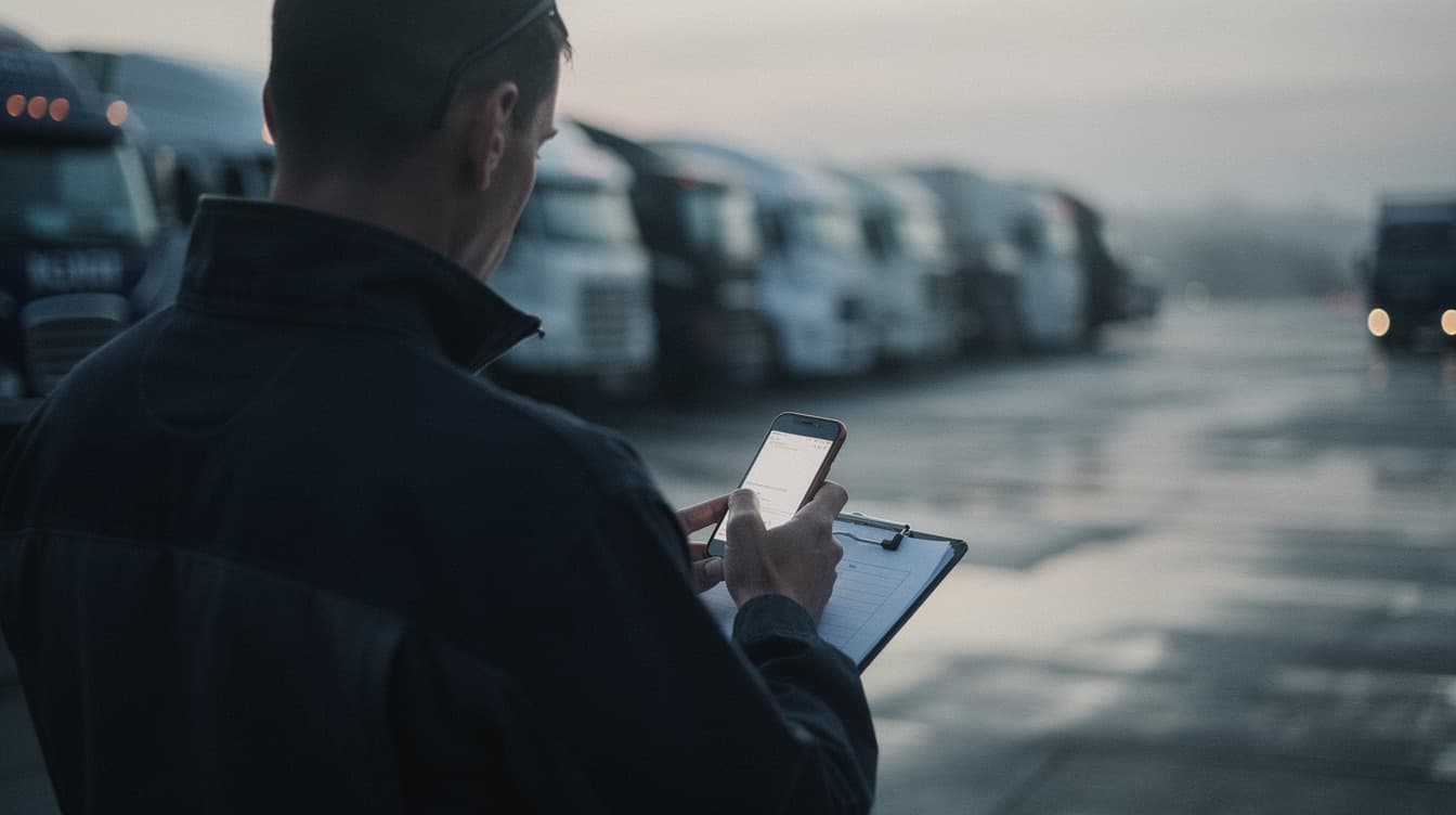A driver checking his phone in front of a row of trucks