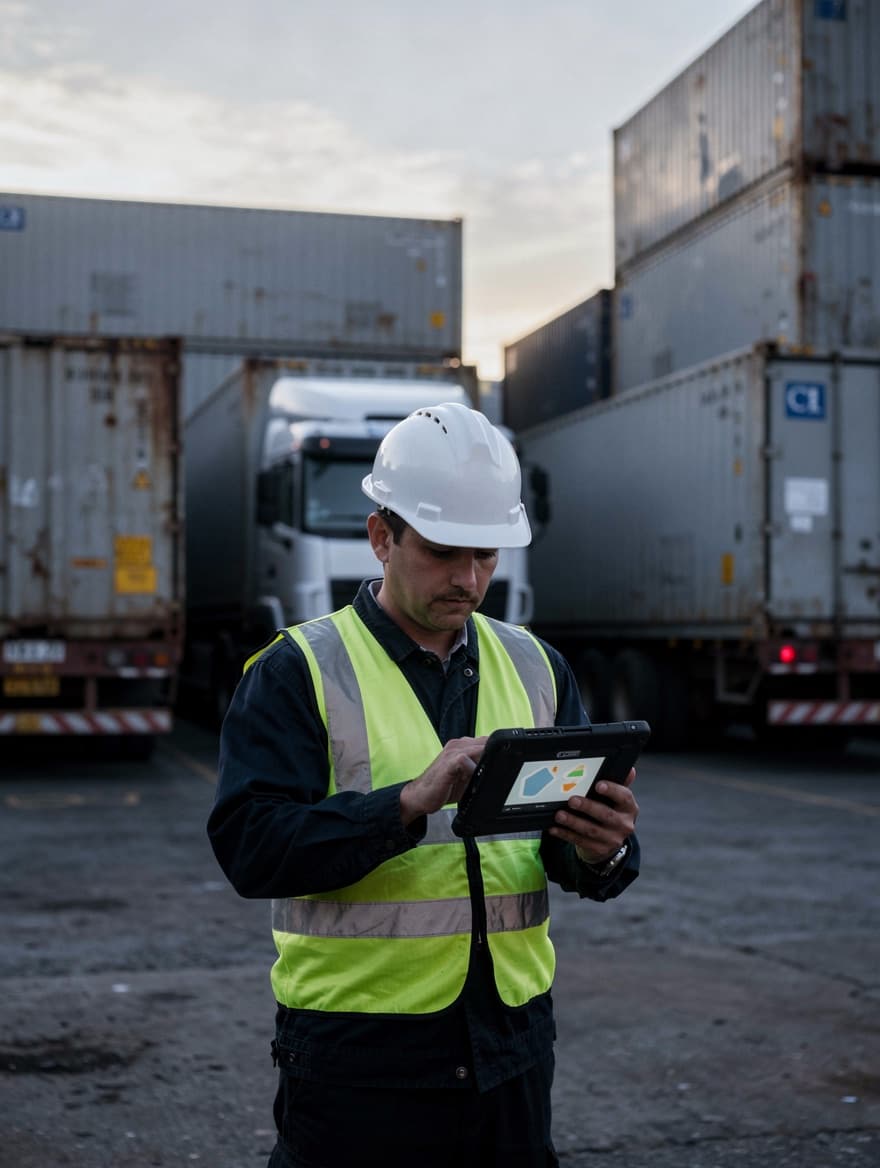 An operator in a high-visibility vest checking a tablet in front of containers