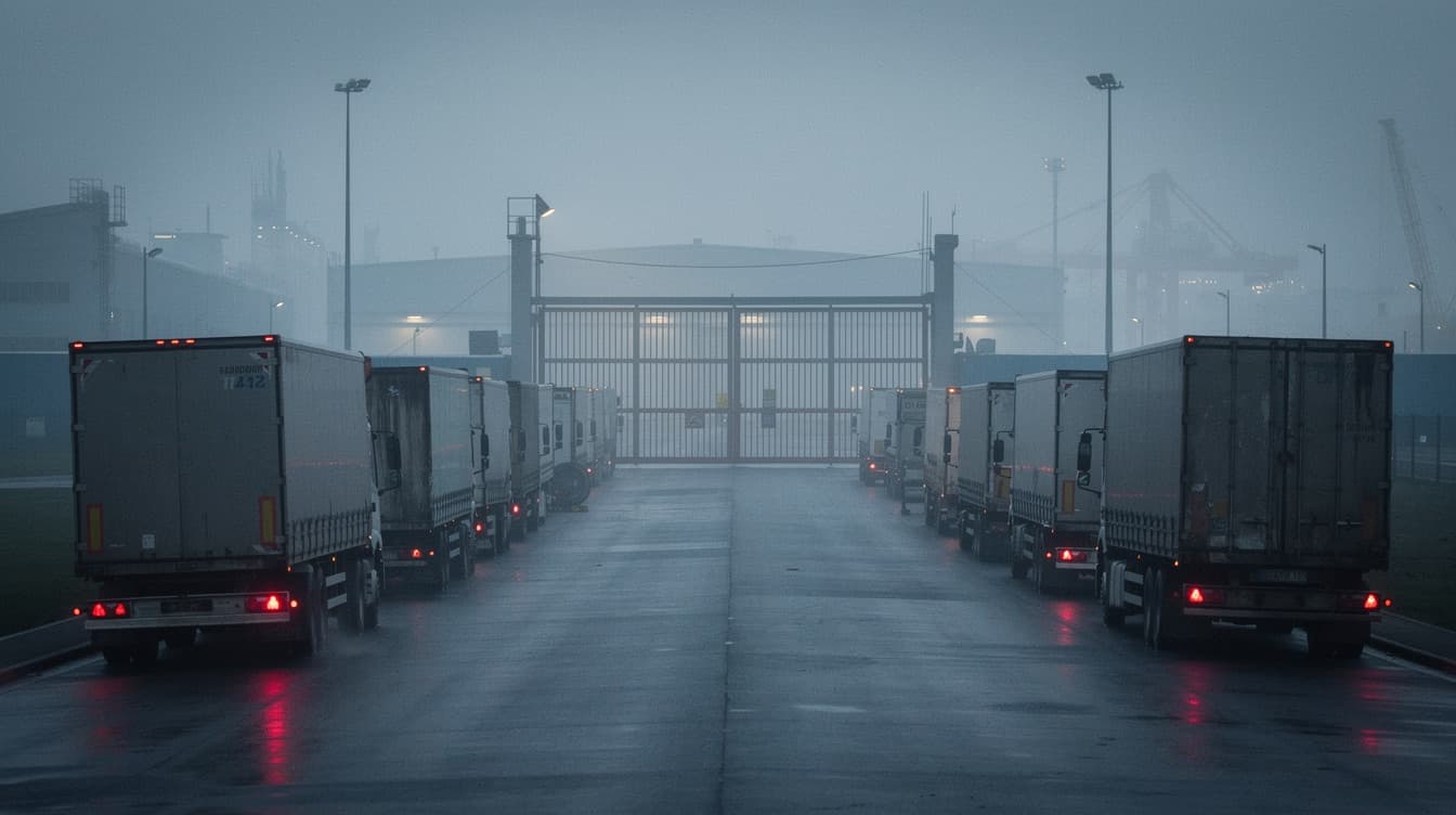 The gate of a truck depot in early morning fog