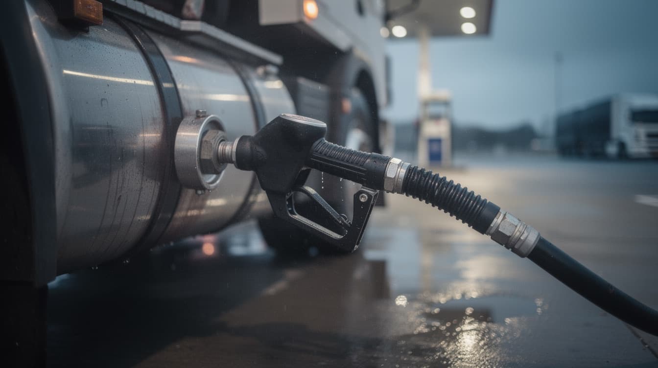 Fuel nozzle in a truck’s tank, in the rain, at a truck stop