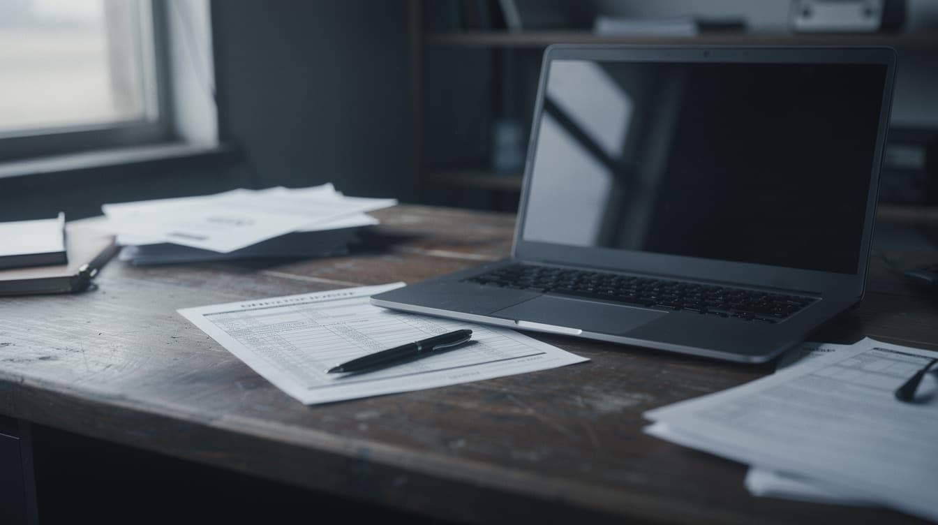 A laptop and paper documents on a desk