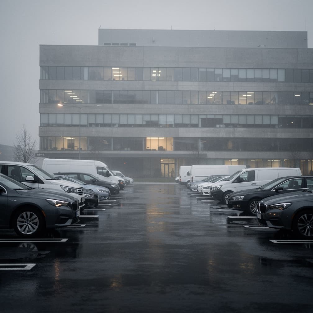 Company vehicles parked in front of an office building