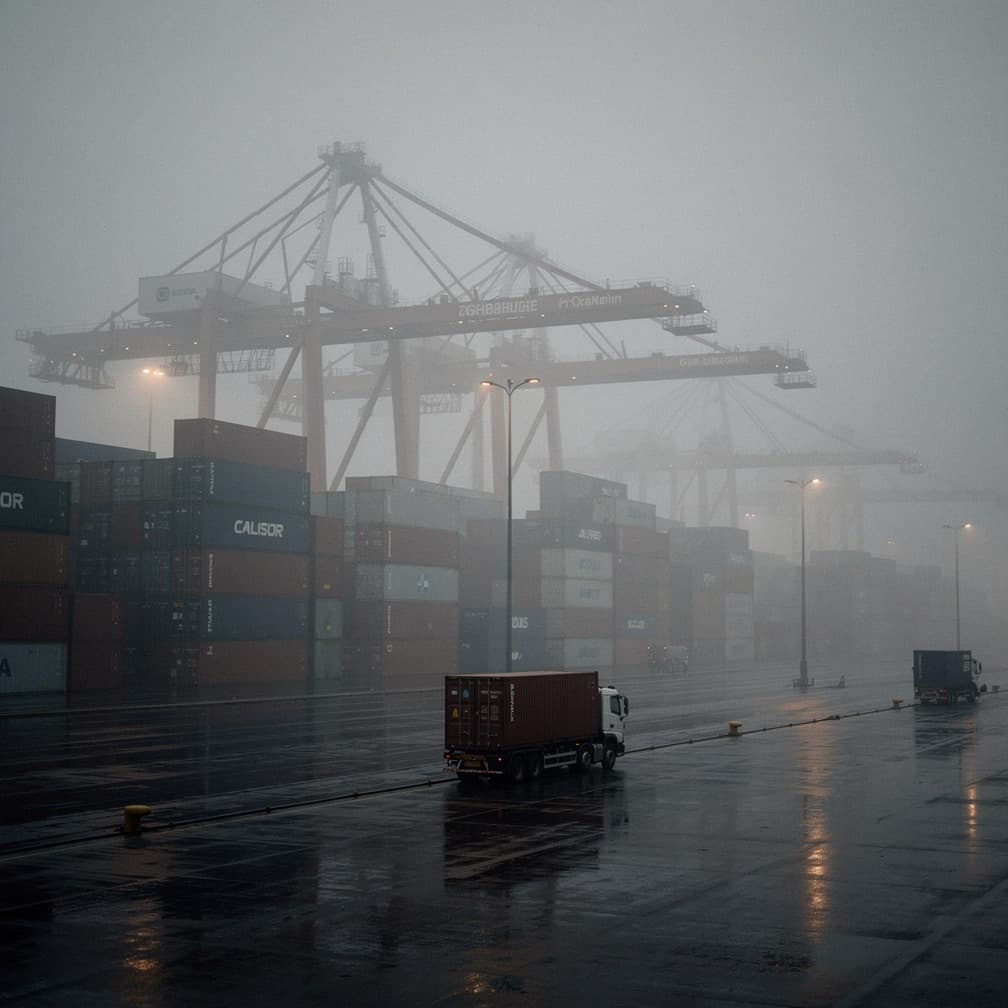 Gantry cranes and containers at a port terminal in the rain