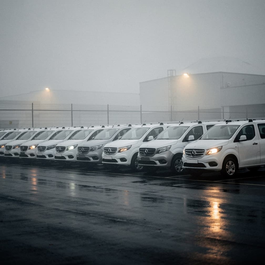A row of rental vans lined up in a yard