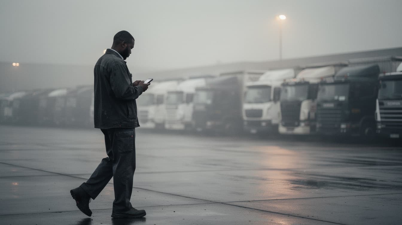 A fleet manager checks his phone in front of a row of trucks in the fog
